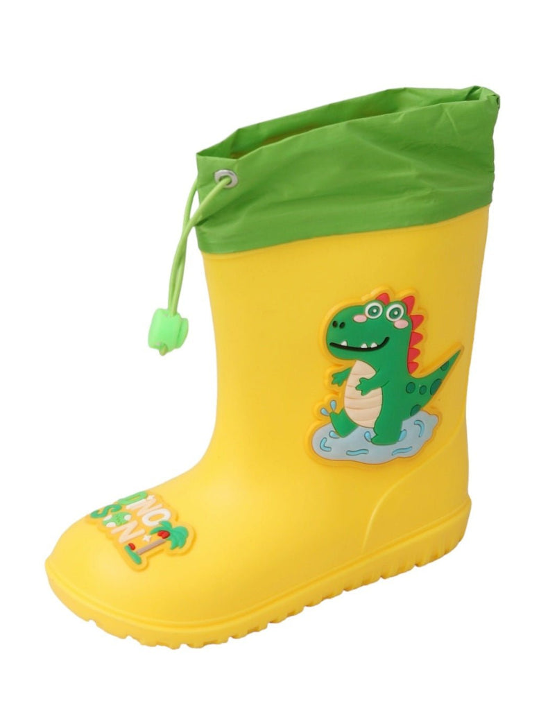 Angle view of Safari Splash Yellow Dino Themed Rain Boots for Boys