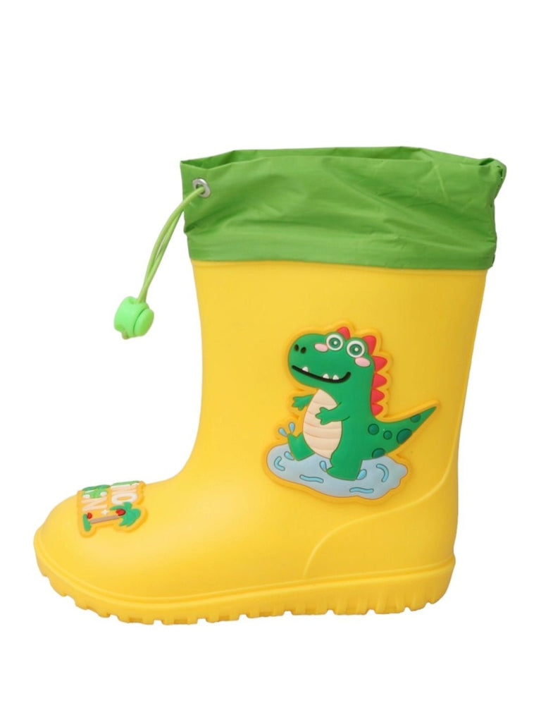 Side view of Safari Splash Yellow Dino Themed Rain Boots