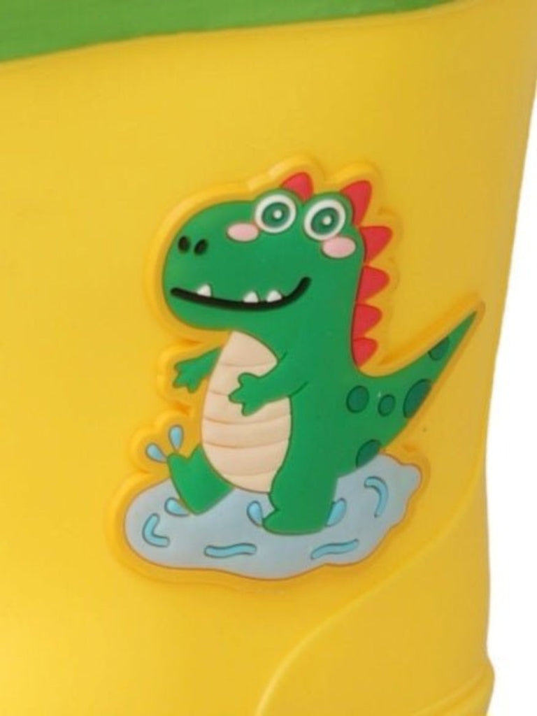 Close-up of Safari Splash Yellow Dino Themed Rain Boots showing detailed design