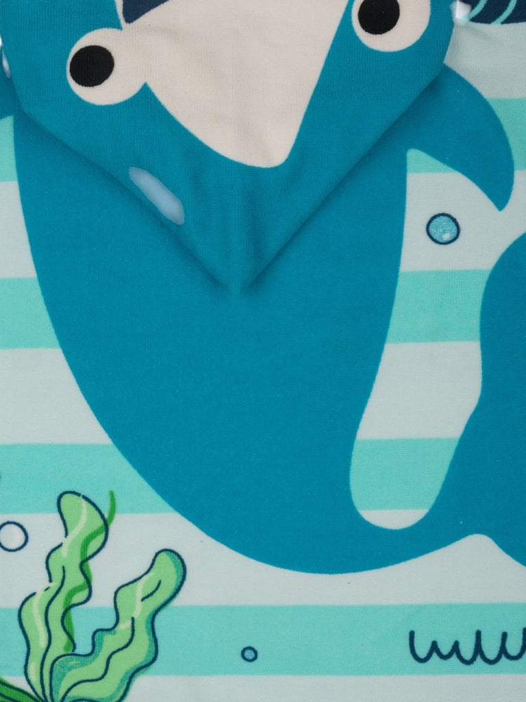 Shark Hooded  Poncho Towel for Boys  (250 GSM)- Blue, White, 120 x 60 cm-Showing Design