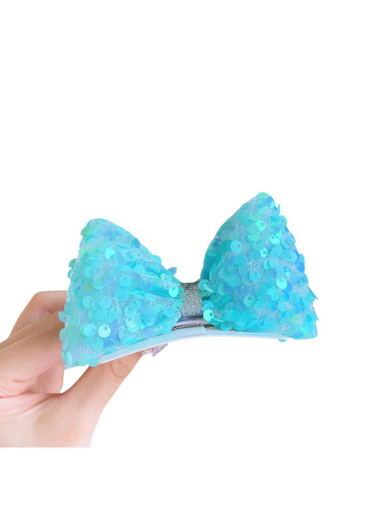 Shimmering Blue Sequin Bow Hair Clip for Girls - Perfect for Special Occasions-Close up view