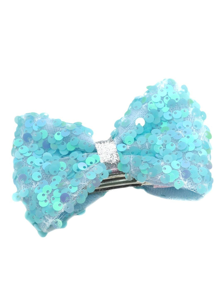 Shimmering Blue Sequin Bow Hair Clip for Girls - Perfect for Special Occasions-Front View