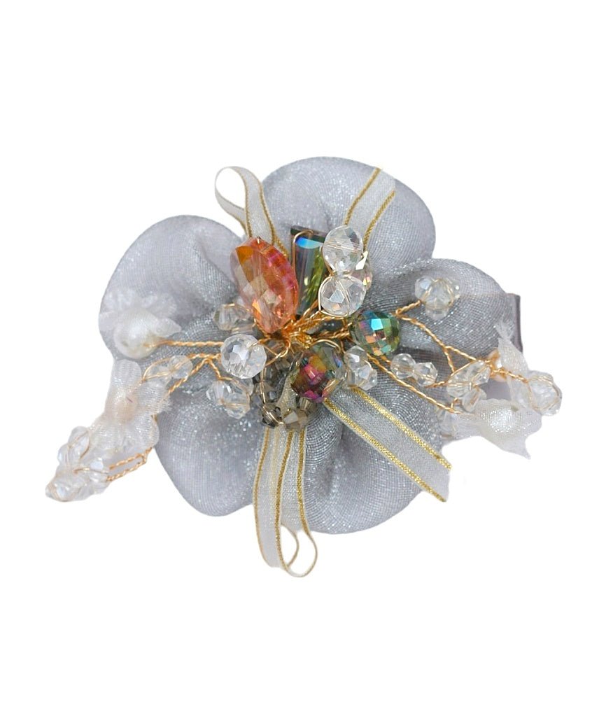 Elegant grey daisy hair clip by Yellow Bee, adorned with rhinestones and faux pearls.