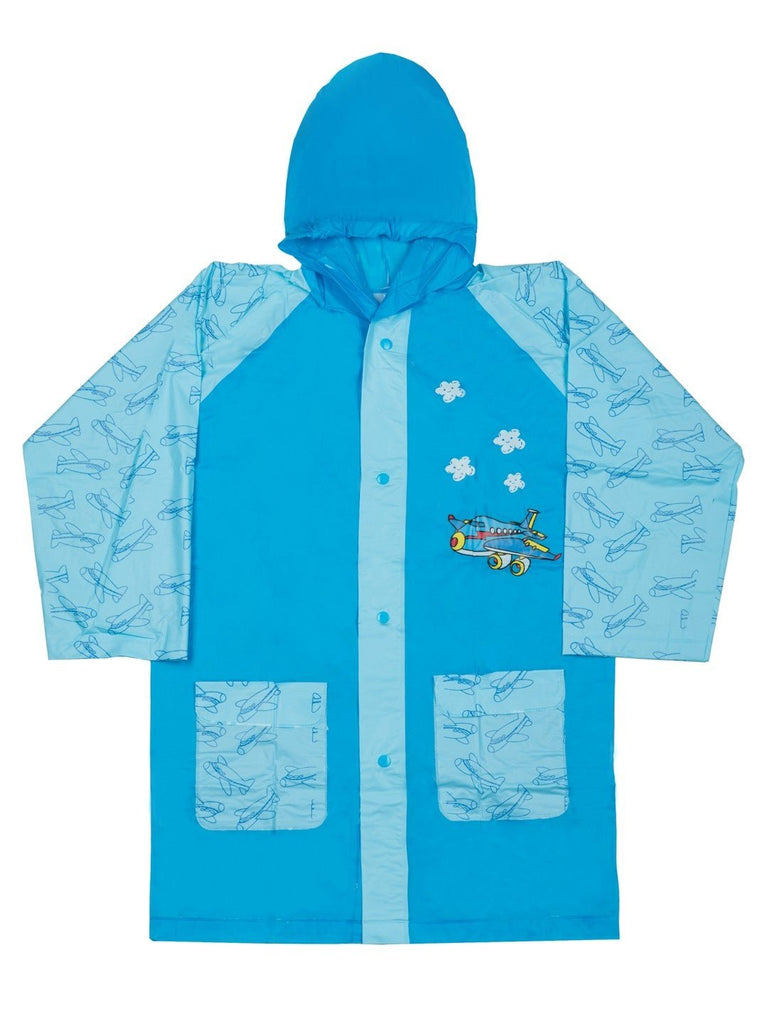 Front view of the Sky Blue Adventure-Themed Raincoat for Boys with airplane and ship illustrations.