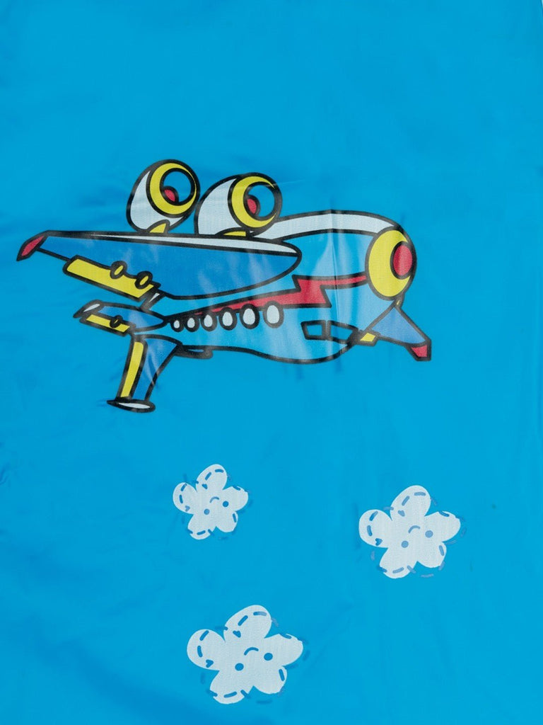 Close-up of the Sky Blue Adventure-Themed Raincoat for Boys highlighting the vibrant and colorful design details.