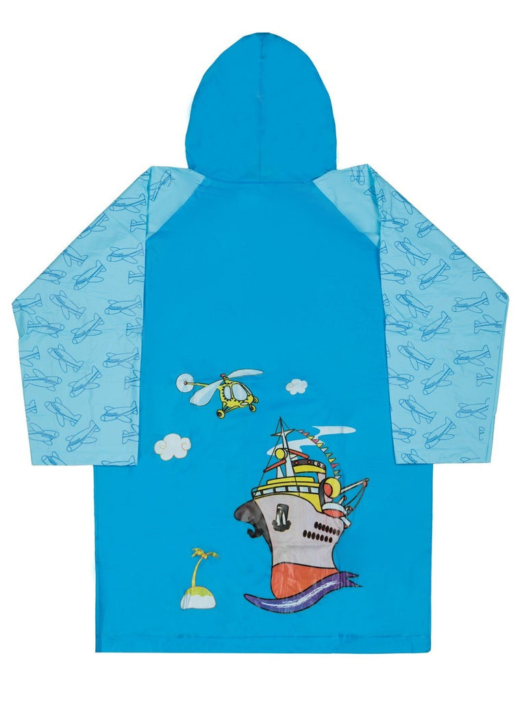 Back view of the Sky Blue Adventure-Themed Raincoat for Boys showing the detailed airplane pattern.