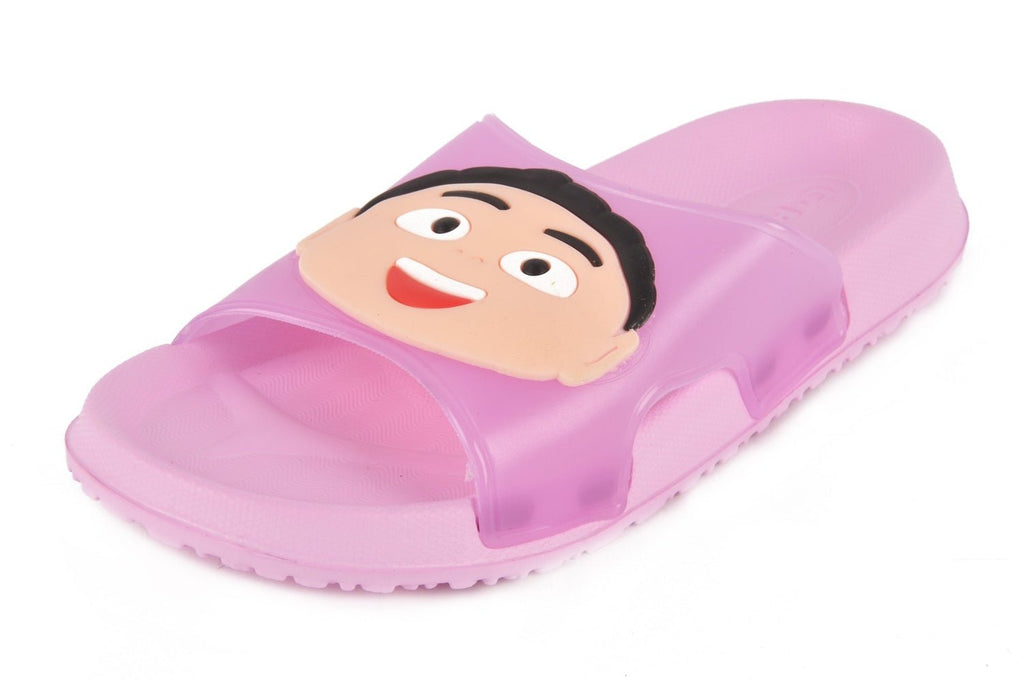 Angled View of Yellow Bee Smiling Cartoon Face Pink Slippers