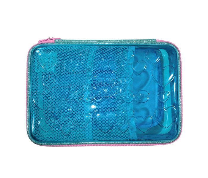 Front view of the serene Smily Kiddos Light Blue Pencil Case showcasing its embossed design.