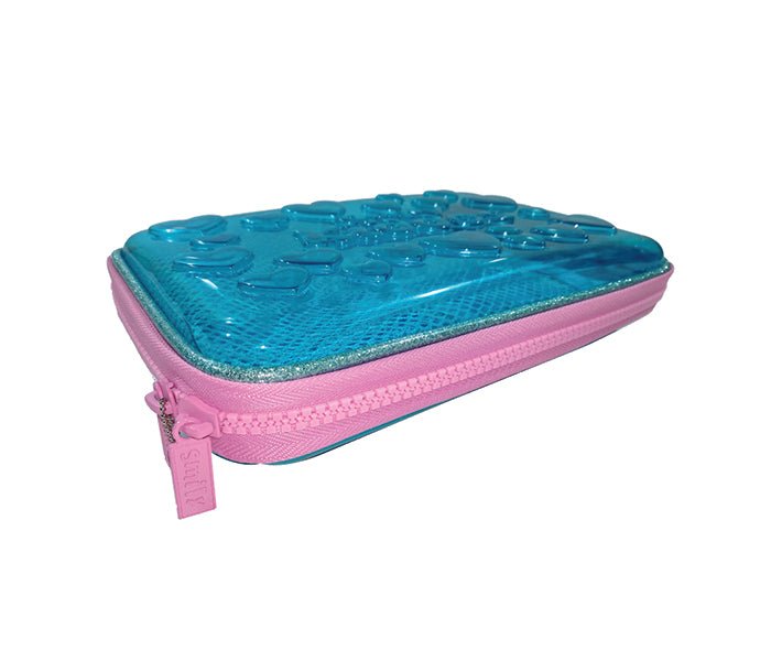 Side view of the durable Smily Kiddos Light Blue Pencil Case with pink trim details.