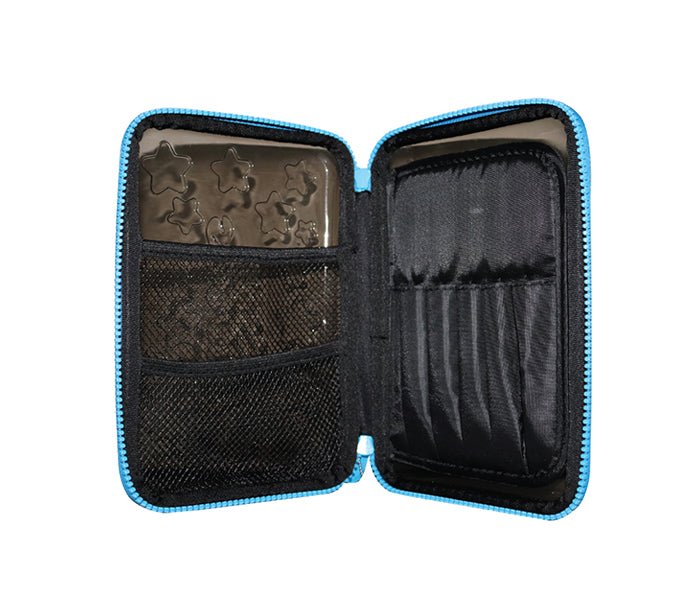 Open view of Smily Kiddos PVC Pencil Case in Black, highlighting the mesh compartments and pen slots.