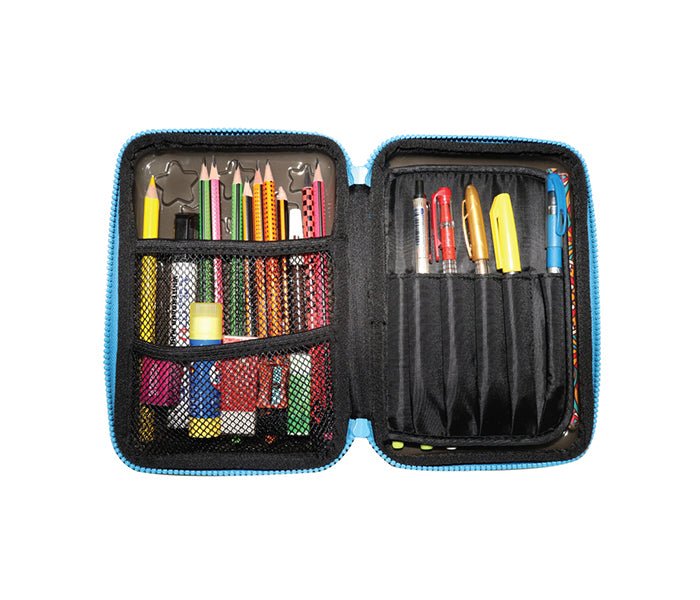 Smily Kiddos Black PVC Pencil Case filled with colorful stationery, displaying its capacity and organization.