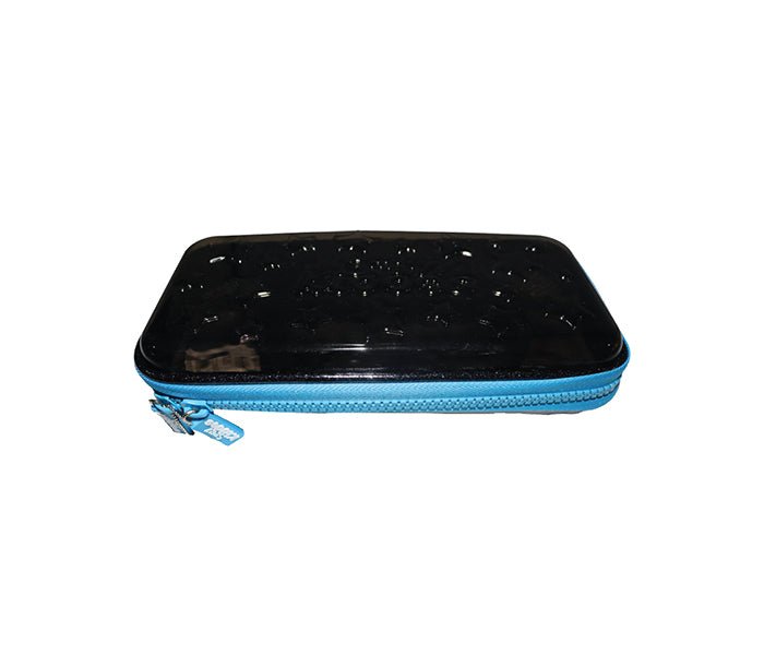 Side view of Smily Kiddos PVC Small Pencil Case in Black with a sturdy blue zipper highlighting the depth and design.