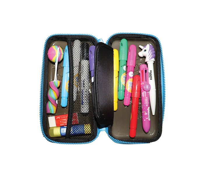 Open Smily Kiddos PVC Small Pencil Case in Black showing internal mesh compartment and colorful pen slots.
