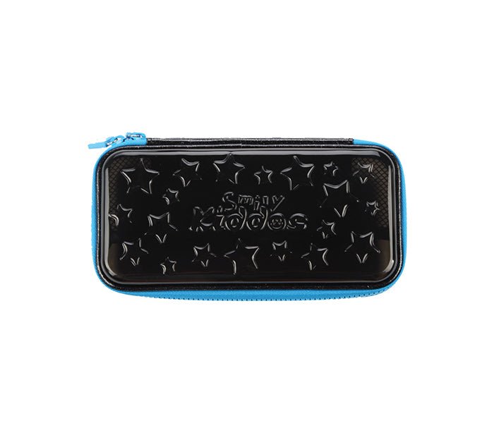 Front view of Smily Kiddos PVC Small Pencil Case in Black by Yellow Bee with embossed stars and blue zipper.