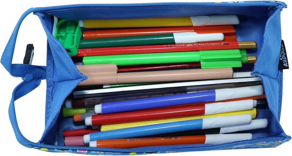 pen View of Smily Kiddos Blue Pencil Case Fully Stocked with Supplies