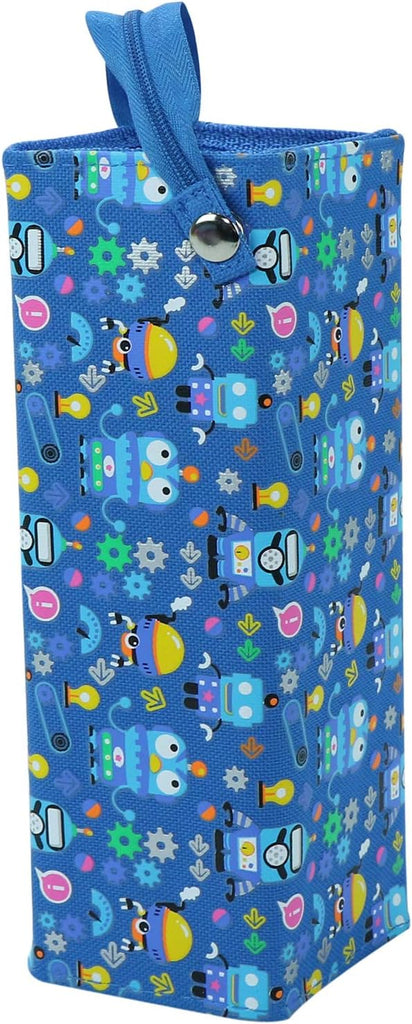 Front View of yellow bee pencil case with adorable robot designs.