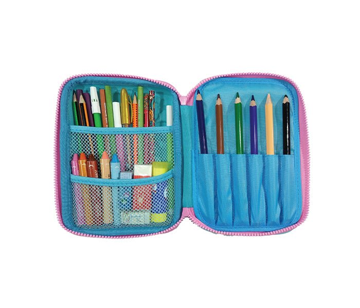 Open view of the Smily Kiddos Light Blue Pencil Case revealing its spacious compartments and neat organization slots.