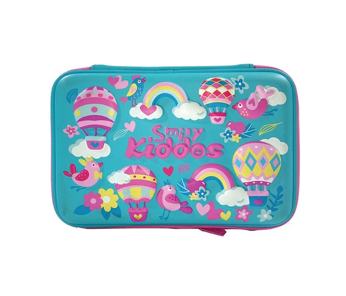 Front view of the Smily Kiddos Light Blue Pencil Case with whimsical hot air balloon design.