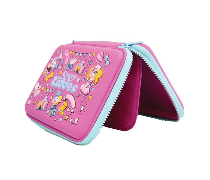 Back view of the Smily Kiddos Carnival Pink Pencil Case with multiple compartments and circus-themed details.