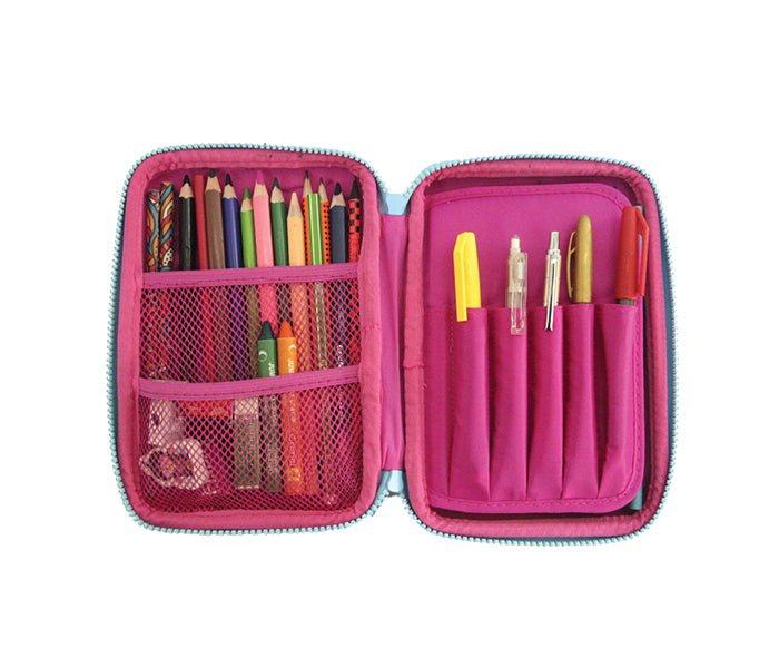 Open view of the Carnival Pink Smily Kiddos Pencil Case revealing its spacious compartment and internal organization.