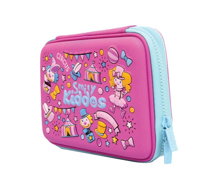  Front view of the Smily Kiddos Pencil Case in Carnival Pink with playful circus illustrations and sturdy edges.