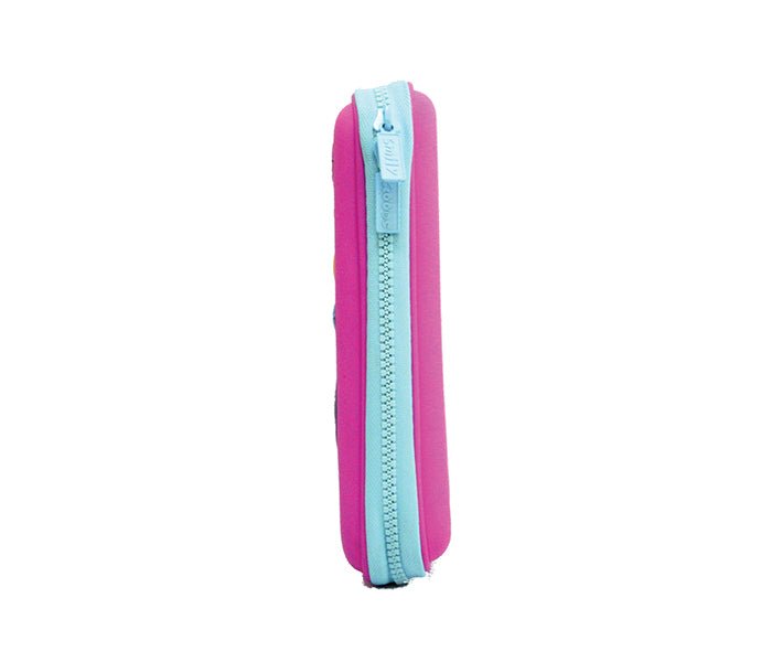 Side view of the Smily Kiddos Carnival Pink Pencil Case highlighting its compact form and secure closure.