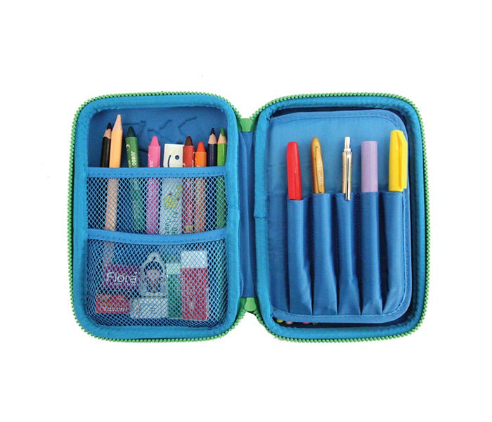 Inside view of Smily Kiddos Blue Pencil Case with stationery items organized in mesh pockets and slots.