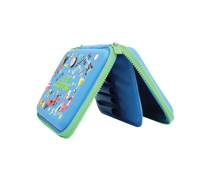  Side angle view of Smily Kiddos Blue Pencil Case showcasing its sturdy design and compact form.