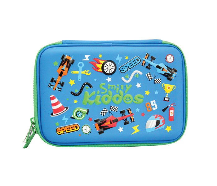 Front view of Smily Kiddos Single Compartment Pencil Case in Blue by Yellow Bee with vibrant graphics.