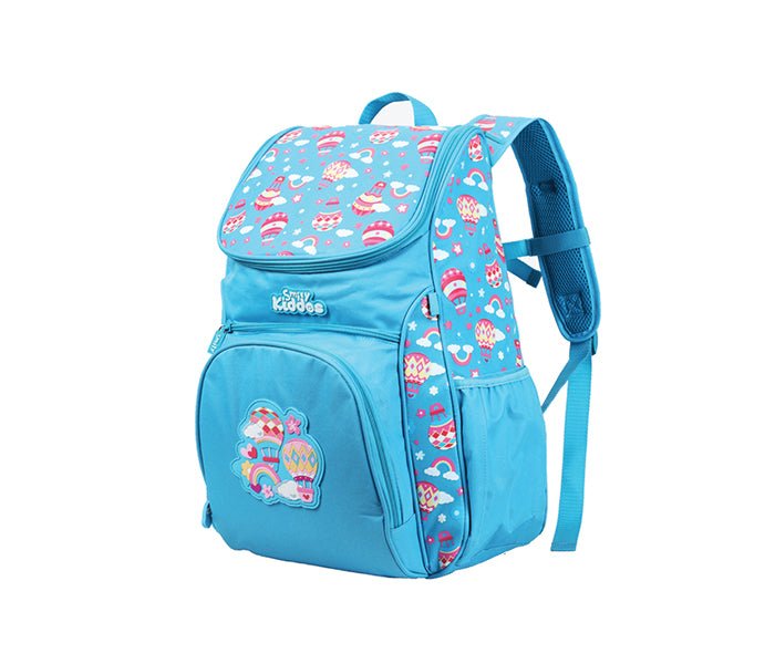 Side view of the Smily Kiddos Light Blue U-Shape Backpack highlighting the rainbow themes and playful color scheme.