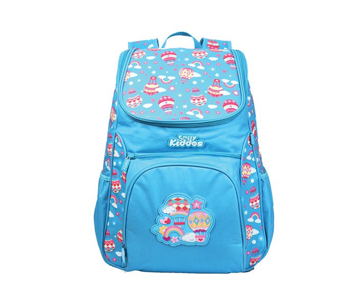 Frontal display of the Smily Kiddos Light Blue U-Shape Backpack, showcasing the fun rainbow  pattern and functional pockets.