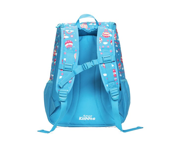 Rear angle of the Smily Kiddos Light Blue U-Shape Backpack showing the comfortable strap system and bright design.