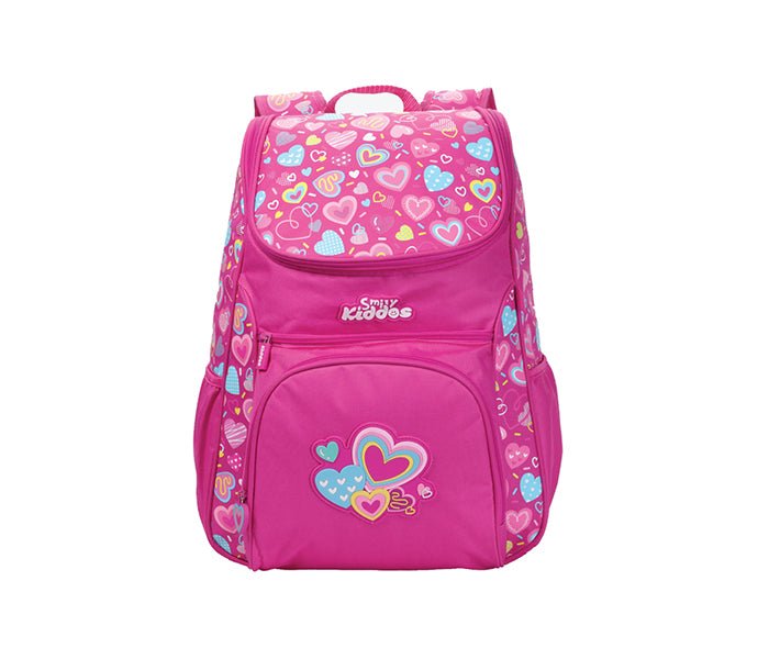 Frontal display of the Smily Kiddos Light Blue U-Shape Backpack, showcasing the heart pattern and functional pockets.