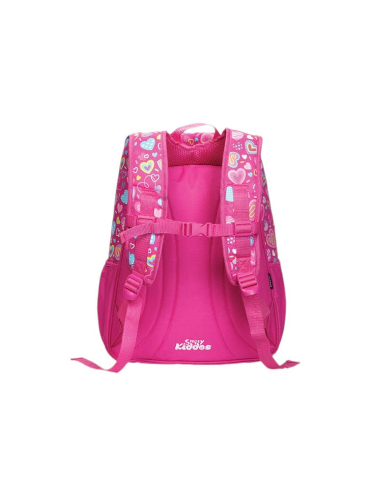 Rear angle of the Smily Kiddos Pink U-Shape Backpack showing the comfortable strap system and bright design.