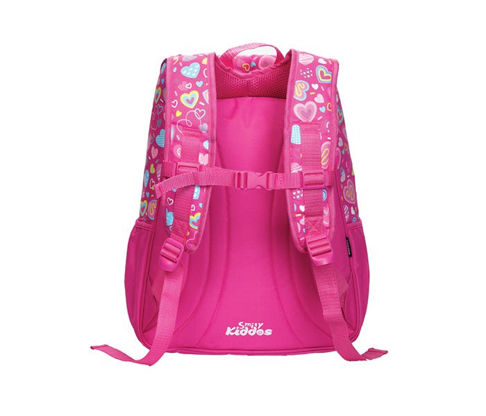 Rear angle of the Smily Kiddos Pink U-Shape Backpack showing the comfortable strap system and bright design.