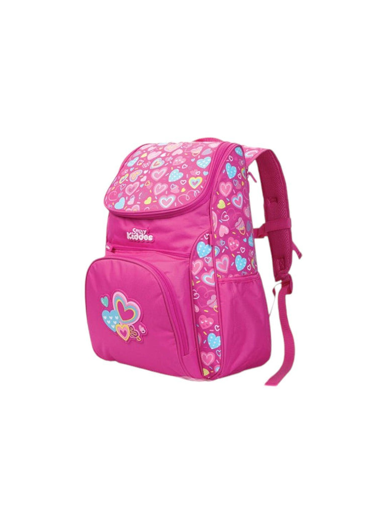 Side view of the Smily Kiddos Pink U-Shape Backpack highlighting the heart themes and playful color scheme.