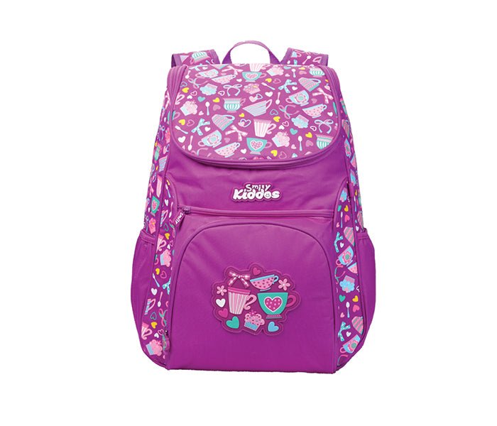 Frontal display of the Smily Kiddos Purple U-Shape Backpack, showcasing the fun vehicle pattern and functional pockets.