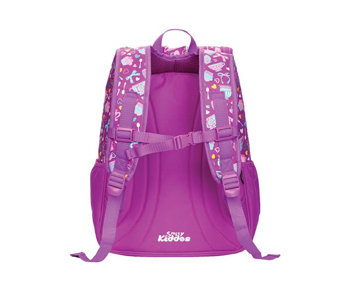 Rear angle of the Smily Kiddos Purple U-Shape Backpack showing the comfortable strap system and bright design.