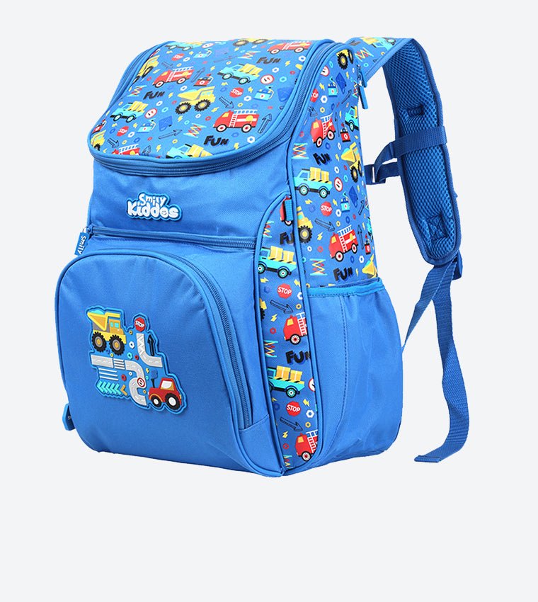 Side view of the Smily Kiddos Blue U-Shape Backpack highlighting the drink bottle sleeves and playful color scheme.