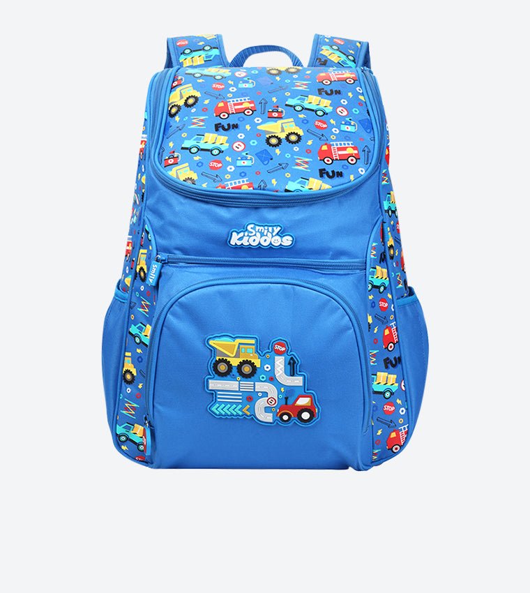Frontal display of the Smily Kiddos Blue U-Shape Backpack, showcasing the fun vehicle pattern and functional pockets.