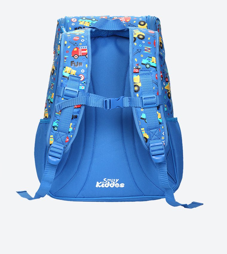 Rear angle of the Smily Kiddos Blue U-Shape Backpack showing the comfortable strap system and bright design.