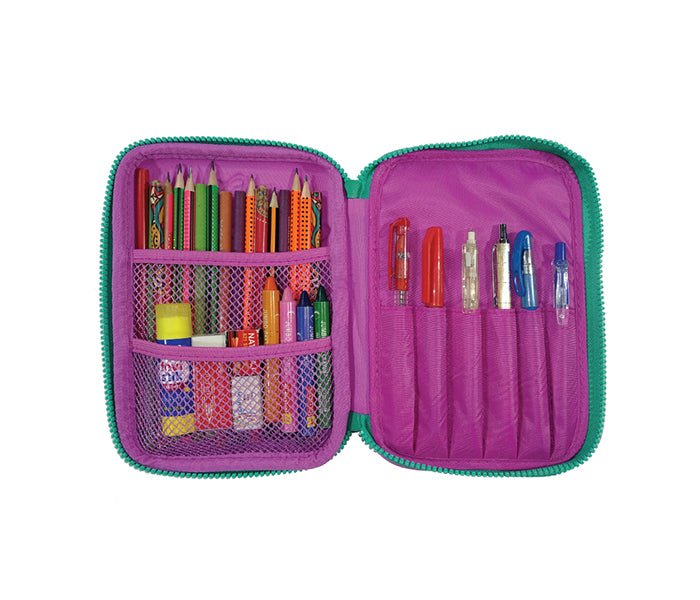 Open view of the Smily Kiddos Purple Pencil Case, displaying its spacious compartments and organized slots for stationery.