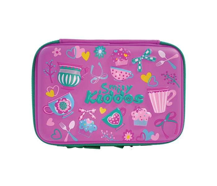 Front view of the Smily Kiddos Double Compartment Pencil Case in Purple with playful baking and heart motifs.