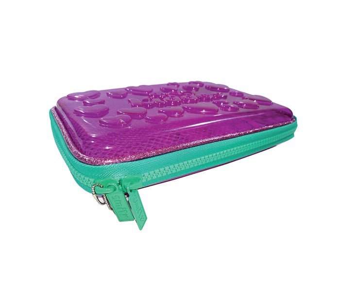 Side view of the sturdy Enchanted Amethyst Pencil Case, showcasing the robust zipper and colorful trim.