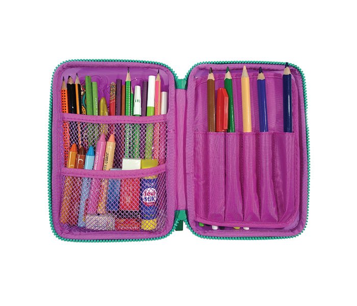 Full view of the open Enchanted Amethyst Pencil Case, revealing the spacious and organized interior.