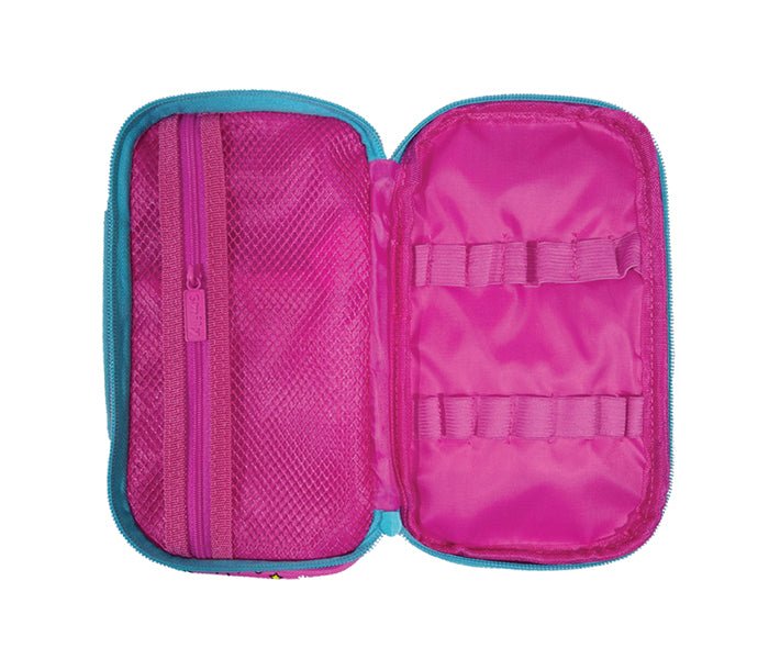Inside view of Smily Kiddos Circus-Themed Pencil Case in Pink with a focus on storage compartments and vibrant interior.