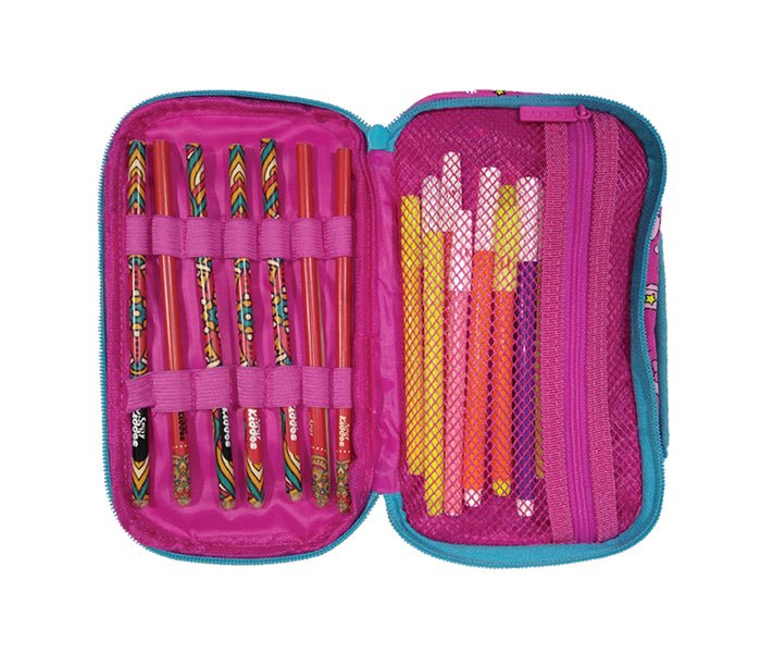 Fully opened view of Smily Kiddos Pink Circus Pencil Case showing colorful stationery arranged in mesh pockets and pen slots.