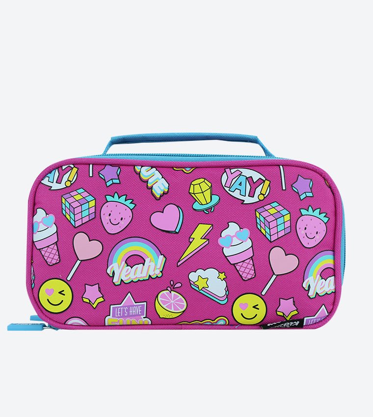 Front view of Smily Kiddos Circus-Themed Pencil Case in Pink with playful character prints and blue trim.