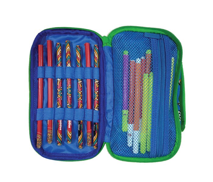 Open view of the blue Smily Kiddos pencil case with pens and pencils organized inside.