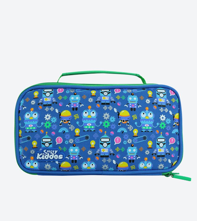 Front view of the blue Smily Kiddos multipurpose pencil case featuring race-themed designs.